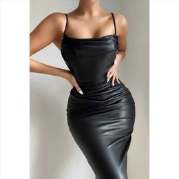 Party Dress Womens Nightclub Sexy Pu Leather Pleated Suspender Sheath