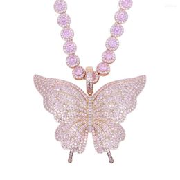 Choker Sweet Big Size Butterfly Pendant Necklace Mirco Pave Pink White CZ Charm Miami Curb Cuban Chain Hip Hop Rapper Gift For Women