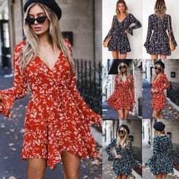 Casual Dresses 2023 Women Floral Clubwear Wrap Dress Ladies Deep V-neck Summer Beach Mini Sundress Flower Flare Sleeve Femma