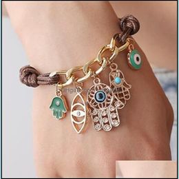 Charm Bracelets Fashion Fatimas Hand Hamsa Bracelet Evil Eye Leather Pendant Knit Link For Women Arm Fatima 133 W2 Drop Delivery Jewe Dh6B7