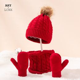 Caps Hats 3Pcs Winter Kids Knitted Hat Scarf Gloves Set Warm Autumn Knit Baby Boys Girls Cute Pompom Outdoor Leisure Child Beanies Cap 230111