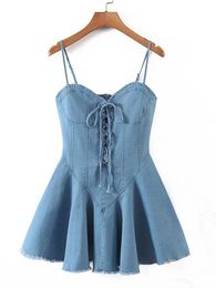 Casual Dresses 2023 Fashion Women Vintage Blue Lace Up Denim Dress Sexy Sleeveless Ladies Super-Short Summer VestidoCasual