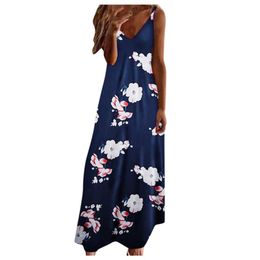 Casual Dresses Women Summer Fashion Printed Sexy Deep V Suspender Long Skirt Slimming Dress Vestidos Beach Sundress