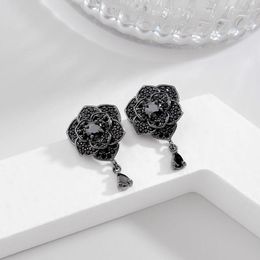 Stud Earrings Noble Black Zircon Pave Flower Silver Plated Rose For Women Temperament Banquet Party Luxury Jewelry