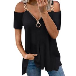 Women's T Shirts Women Solid Off-Shoulder Sling Summer Casual V-Neck Zipper Ladies Shirt Office Slim Black Top Tee Woman Clothing