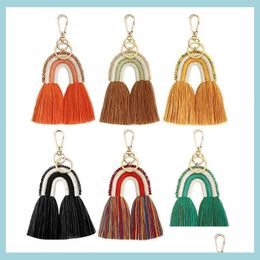Keychains Lanyards Ethnic Handmade Rame Key Chains For Women Bags Accessories Jewellery Boho Rainbow Weave Cotton Fringed Gift 6 Col Dhgt4