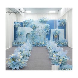 Decorative Flowers Wreaths Blue Series Wedding Floral Arrangement Artificial Flower Row Table Road Lead T Stage Backdrop Corner Ba Dhmop