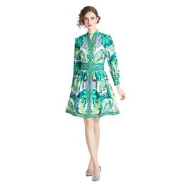 Womens Boutique Printed Long Sleeve 2023 Spring Autumn Shirt Dress High-end Lady V-neck High Waist Dresses222