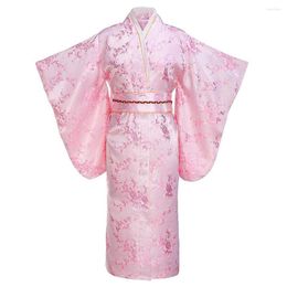 Ethnic Clothing Pink Print Flower Young Lady Japanese Traditional Kimono Bathrobe Gown Full Sleeve Evening Party Prom Dress Satin V-neck