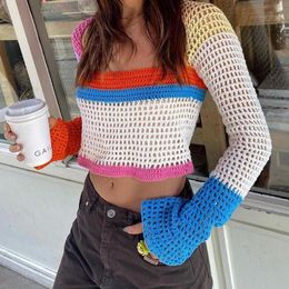 Women's Polos Y2k Women Sweater Crochet Color Block Square Neck Hollow Crop Top