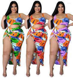 Women's Tracksuits 2023 Summer Beach Holidays Clothes Sexy Printing Hollow Out Two Pieces Set Strap Bodysuit With Split Skirt