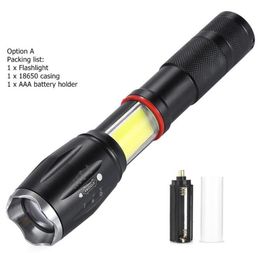 LED COB T6 flashlights Portable Zoomable Tactical self defense torch lights 5 modes camping lamp use 18650 battery