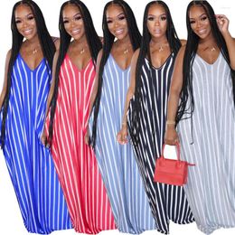 Casual Dresses Striped Maxi Loose Women Summer Long Sundress Sexy Spaghetti Strap V Neck Boho 2023 Clothings S-4XL