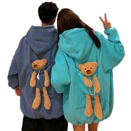 Women's Hoodies & Sweatshirts Autumn Women Thicken Plus Velvet Bear Toy In Back Big Pocket Warm Soft Hooded Sweatshirt Couple Matching Pullo