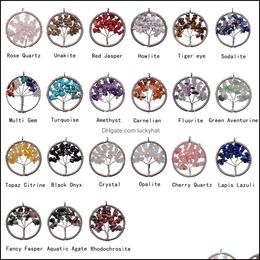 Pendant Necklaces 12Pcs Real Chip Gem Stone Chakra Necklace Tree Of Life Quartz Crystal Chips Women Rainbow Pendants Jewellery For Dro Dhbz4