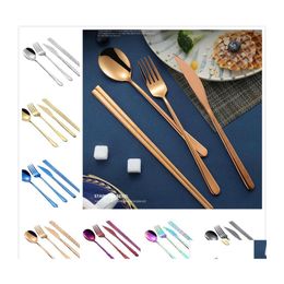 Flatware Sets Korean Stainless Steel Long Handle Knife Fork Spoon Chopsticks Set Colorf For Wedding Kitchen Accessories Drop Deliver Dhqel