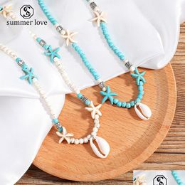 Pendant Necklaces New Fashion Shell Starfish Choker Necklace For Women Green White Nature Stone Beads Chain Trendy Jewellery Gift Drop Dhqmc