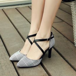 Sandals PXELENA Fashion Plaid Office Lady Women Cross Strap Stiletto Thin High Heels Shoes Female Pointed Toe Gladiator