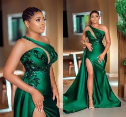 Hunter Green One Shoulder Neckline Satin Evening Dresses High Side Split Applique Long Sweep Vestidos De Arabic Aso Ebi Prom Dress BC9963