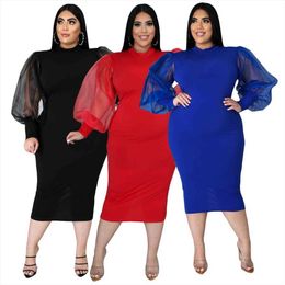 Plus Size Dress Womens Clothing Mesh See Through Lantern Sleeve Sheath 3 Colours