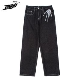 Men's Jeans Punk Bone Print Straight Loose Jeans Mens Retro High Street Oversized Casual Denim Trousers Harajuku Washed Jean Pants Unisex 230111