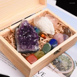 Colliers pendentifs 11 pcs Crystals and Healing Stones Kit With Wood Box 7 Chakra Raw Pendule Amethyst Rose Quartz Natural Gemone