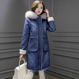 Women's Down Parkas Winter Cotton Coat MidLength Hooded Fur Collar Loose Thickening And Fleece Lamb Wool Denim Jacket Female 230111