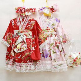 Ethnic Clothing Kimono Japanese Cherry Blossom Girl Birthday Dress Lace Skirt Spring And Autumn Children's Dance Gown