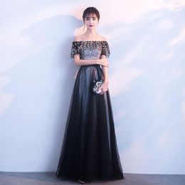 Party Dresses Spring Black Lady Banquet Fit And Flare Dress Sexy Slash Neck Evening Prom Gown Elegant Exquisite Applique Long Mesh