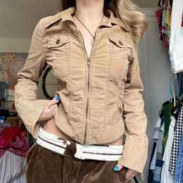 Women's Jackets Fall Khaki Corduroy Y2K Women Pockets Stitched Cargo Style Varsity Jacket Coats Vintage Preppy Outwear Sweetown 230110