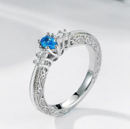 Cluster Rings Ethnic Carvings Of Flower Blue Crystal Rhinestone Women Wedding S925 Stamp Plata Propose Engagement Fashion Jewellery