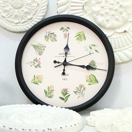 Wall Clocks American Country Round Mute Clock Creative Home Decoration Bird Plant Flower Art Bedroom White