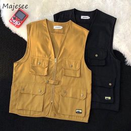 Men's Vests Men Vintage Cargo Summer Japanese Fashion Loose Outwear Sleeveless Design Cropped All-match BF Tactical Clothing Harajuku