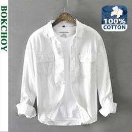 Men's Casual Shirts Autumn Winter Men White Long Sleeve Shirt Pure Cotton Retro Style Button Up Pocket Workwear GA-Z102 230111