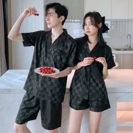 Men's Sleepwear Summer Couple Satin Rayon Pyjamas Sets of T shirt Shorts Male Pijama Leisure Home Clothing Female pijama pyjama 230111