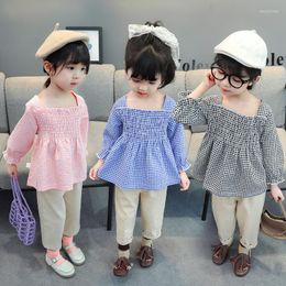 Clothing Sets CHILDREN'S Suit 2023 Style Korean-style Girls Baby Western Lattice Long-sleeved Upper Garment Straight-leg Pants Child