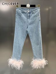 Women's Jeans CHICEVER Sexy Patchwork Feathers For Women High Waist Temperament Skinny Denim Pants Female Clothing Fashion Style 230110