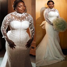 2023 Arabic Aso Ebi White Mermaid Wedding Dress Sheer Neck Lace Beaded Pearls Bridal Gowns Dresses ZJ708