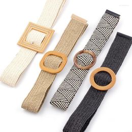 Belts Women's Straw Knitted Elastic Belt Girl Holiday Seaside Bohemian Ethnic Style Round Square Button Wax Rope Woven Wide Strap