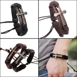 Charm Bracelets Vintage Leather Bangles Metal Cross Jesus Bracelet Adjustable Wax Cord Brown Black Wholesale Drop Delivery Jewelry Otluh