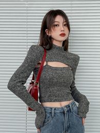 Women's T Shirts Vintage Fashion Knitted Two Pieces Women Cropped Top Y2k Girls Solid Camisole Long Sleeve Harajuku Korean Elegant Pullover