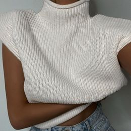 Women's Vests Pull Women Hiver Elagant Turtleneck Sleeveless Vest Sweater With Shoulder Pads Knitted Pullover Autumn Winter Jumper Casual Tops 230111