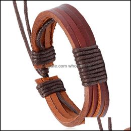 Charm Bracelets Fashion Rope Braided Brown Leather Bracelet Handmade Hip Hop Jewelry Punk Bangle For Men Women Drop Delivery Dh1Dk