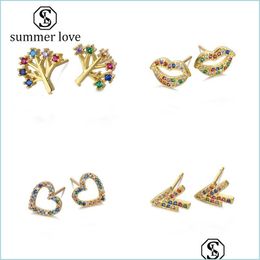 Stud New Rainbow Cubic Zirconia Love Lips Arrow Tree Eye Earrings For Women Girls Fashion Copper Plated 18K Gold Cz Earring Jewelry Dhrdh