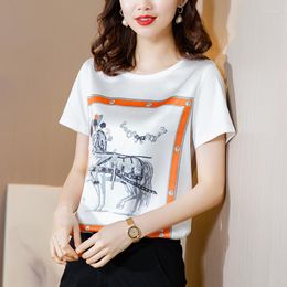 Women's T Shirts Oversize 3Xl T-Shirt Loose Women's Short-Sleeved Printed White Round Neck Shirt Half-Sleeve Top Vintage Print Casual