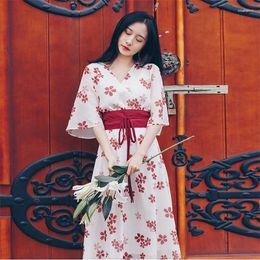 Ethnic Clothing Japanese Dress Modified Kimono Style Sakura Print Geisha Vintage Dresses Calf Length Sweet Kawaii Traditional Cosplay