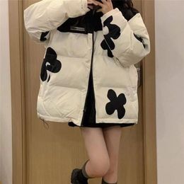 Women's Down Parkas Korean Design Sense Small Flower Colour Matching Bread Jacket Winter Cotton Padded Coat Ins Fashion Short Parka 230111