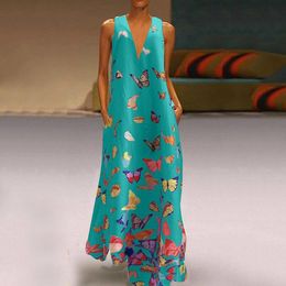 Casual Dresses Summer Women Dress One Piece Bohemian Butterfly Print V-neck Sleeveless Beachwear 5XL Plus Size 2023