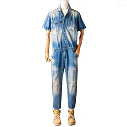 Men's Pants 2023 Trend Fashion Retro Denim One-piece Short-sleeved Men's Ripped Overalls Lazy One And Women's S