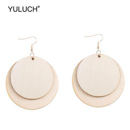 Dangle Earrings Ethnic African Beige Double Layer Wooden Round Geometric Triangle Leaf Pendant Drop For Women & Chandelier